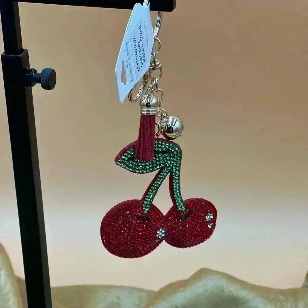 NWT Red Cherry Bag Charm or Keychain Ring Stainless Steel Flat Gem Cherries…